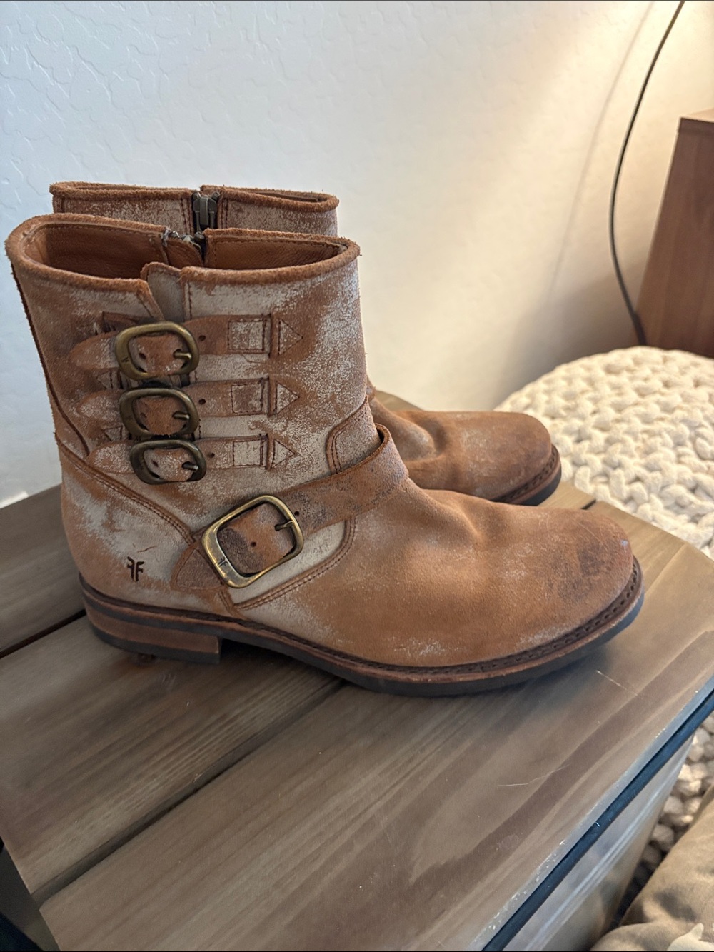 Frye Tan Suede Buckle Ankle Boots - Picture 1 of 5